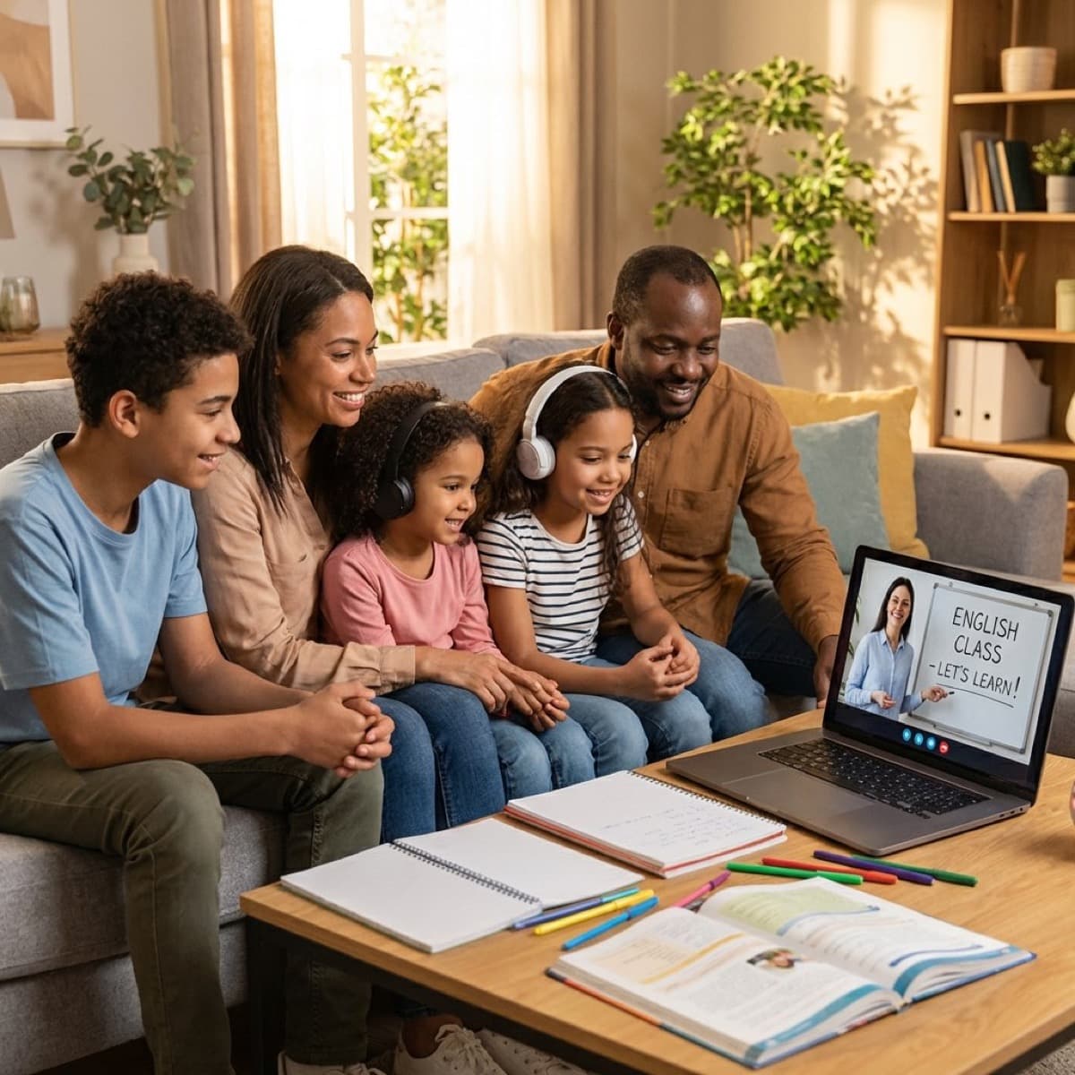 Familia aprendiendo inglés online desde casa